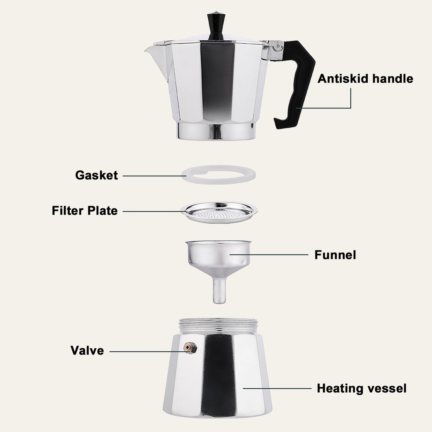 RAINBEAN Stovetop Espresso Maker 180ml For 3 Cups Espresso, Italian Moka Pot Coffee Maker, For Coffee Latte Mocha Cappuccino Macchiato Cuban Cafe Makers, Silver