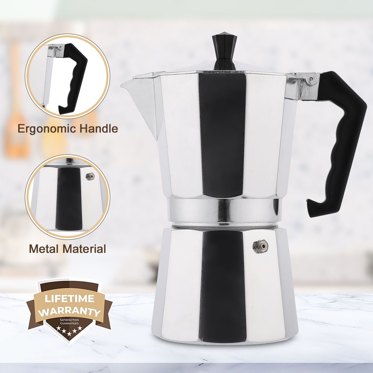 RAINBEAN Stovetop Espresso Maker 180ml For 3 Cups Espresso, Italian Moka Pot Coffee Maker, For Coffee Latte Mocha Cappuccino Macchiato Cuban Cafe Makers, Silver