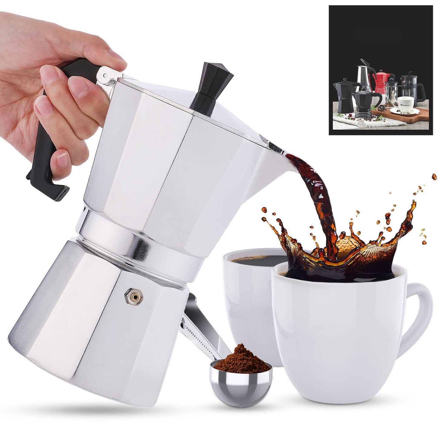 RAINBEAN Stovetop Espresso Maker 180ml For 3 Cups Espresso, Italian Moka Pot Coffee Maker, For Coffee Latte Mocha Cappuccino Macchiato Cuban Cafe Makers, Silver